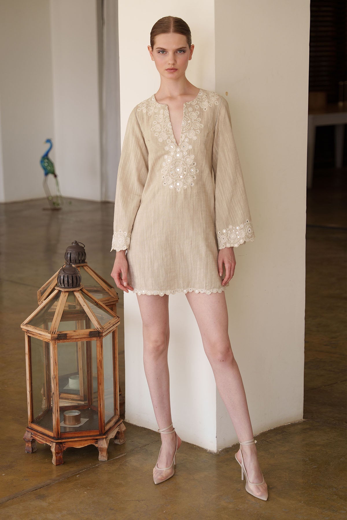 Buy Linen Embroidered Beige Dress by Shruti Sancheti for women online at ScrollnShops
